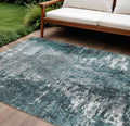 10 X 14 Teal Blue Gray And Charcoal Abstract Washable Indoor Outdoor Area Rug