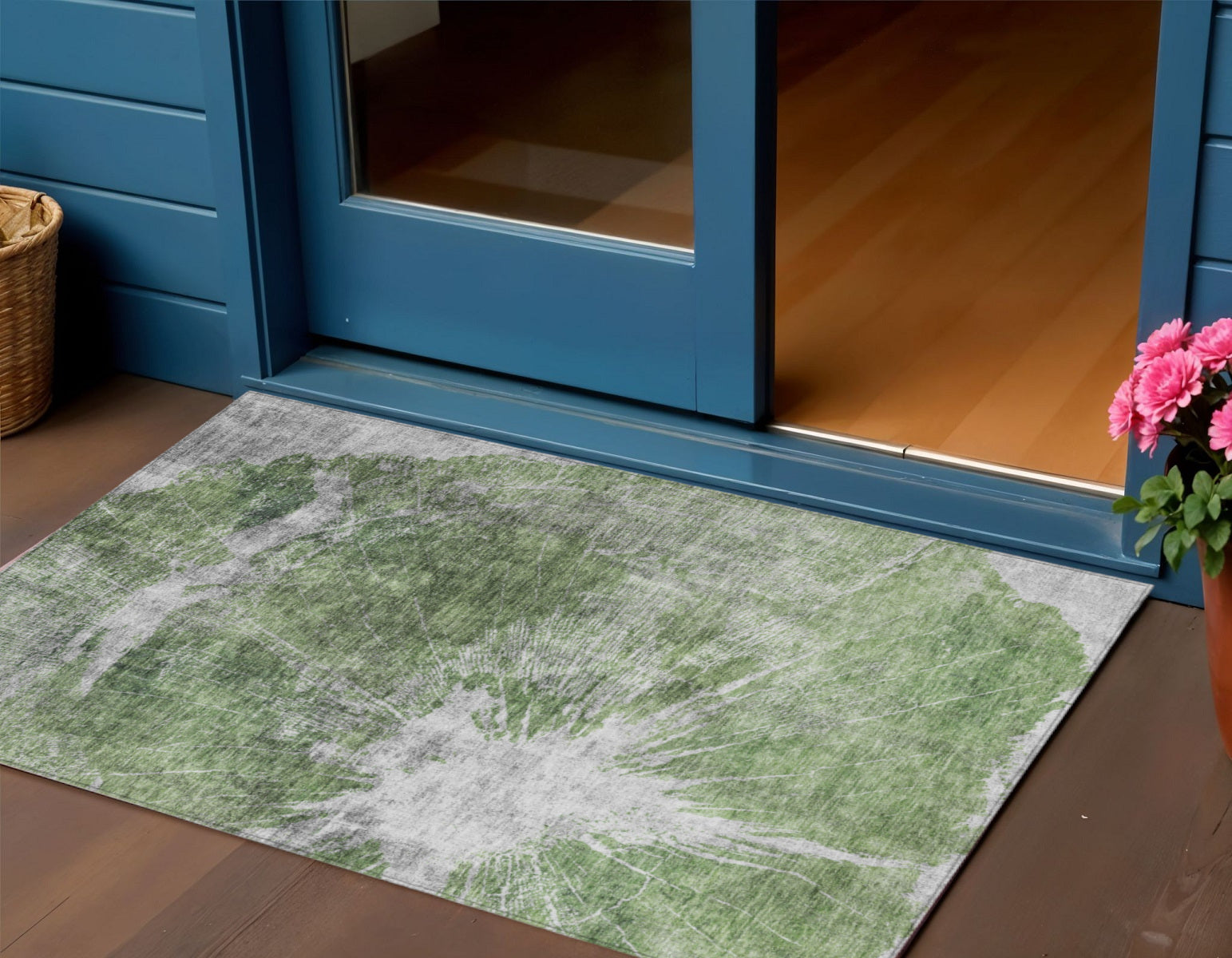 3 X 5 Green And Gray Abstract Washable Indoor Outdoor Area Rug