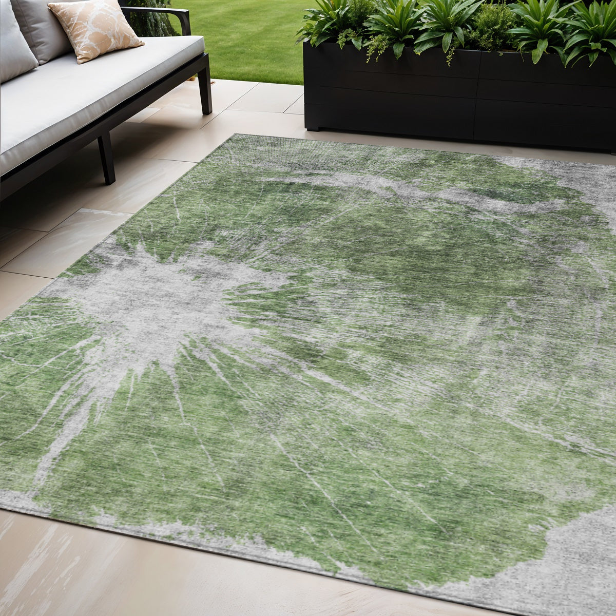 5 X 8 Green And Gray Abstract Washable Indoor Outdoor Area Rug