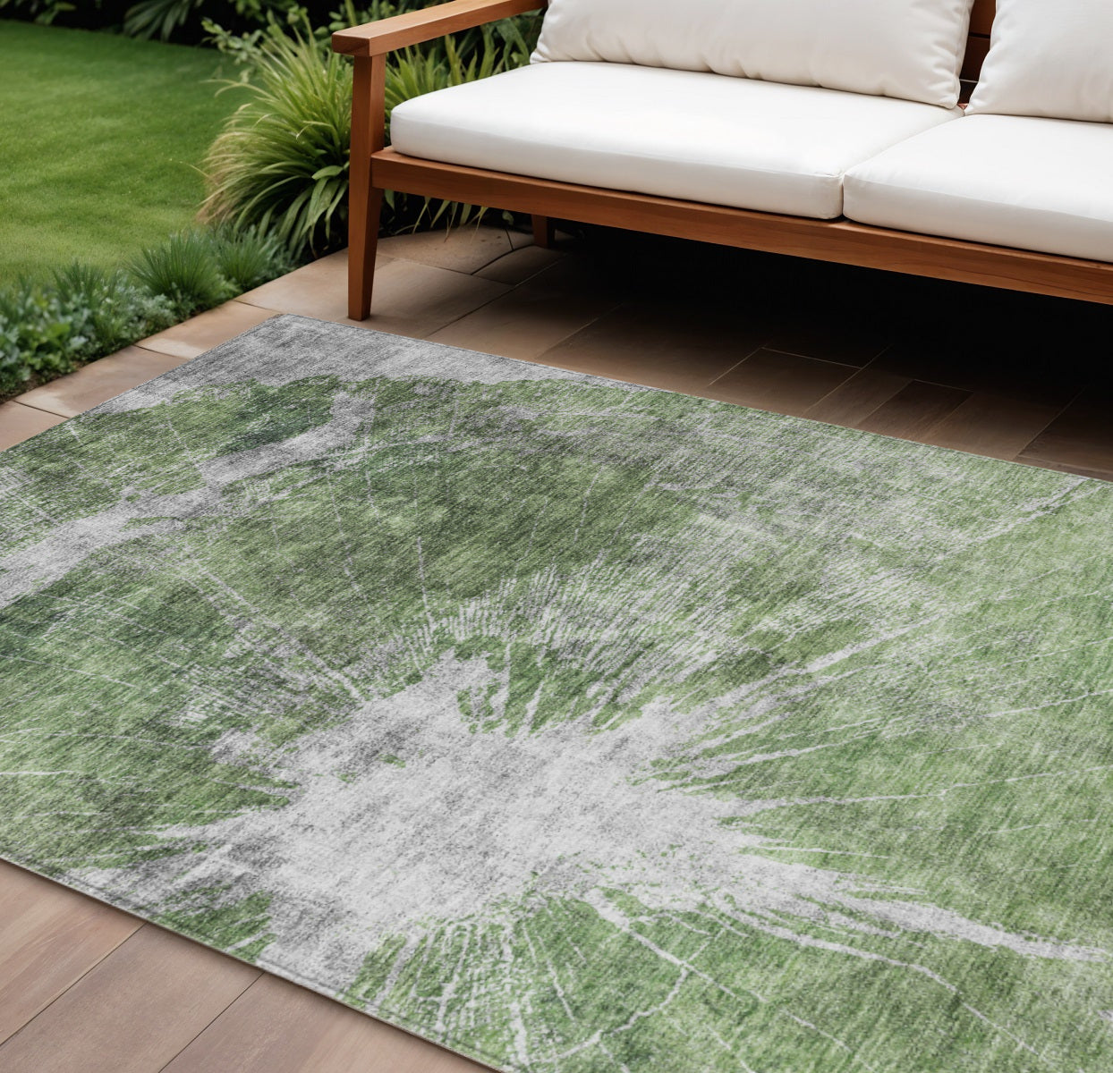 10 X 14 Green And Gray Abstract Washable Indoor Outdoor Area Rug