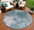 8 Teal Blue Navy Blue And Gray Round Abstract Washable Indoor Outdoor Area Rug