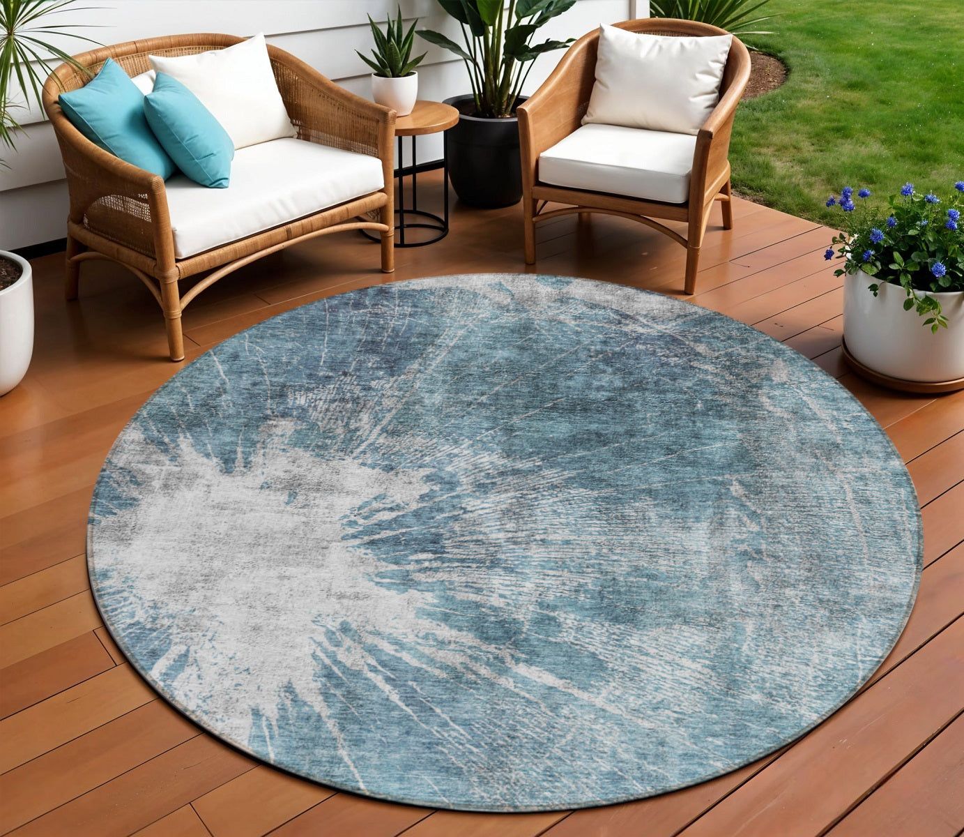 8 Teal Blue Navy Blue And Gray Round Abstract Washable Indoor Outdoor Area Rug