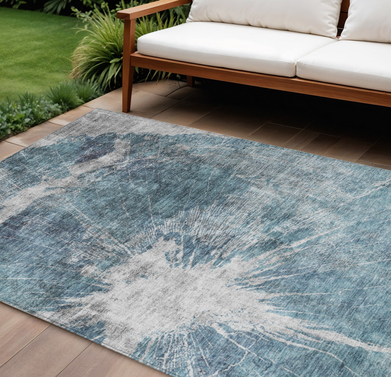 9 X 12 Teal Blue Navy Blue And Gray Abstract Washable Indoor Outdoor Area Rug