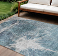 10 X 14 Teal Blue Navy Blue And Gray Abstract Washable Indoor Outdoor Area Rug