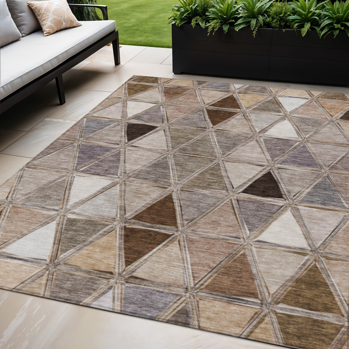 5 X 8 Brown Beige And Khaki Geometric Washable Indoor Outdoor Area Rug