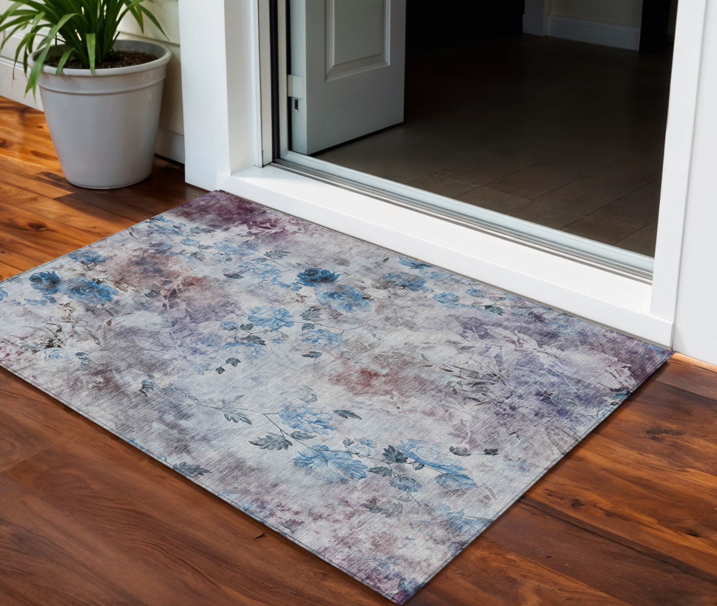 3 X 5 Navy Blue And Sky Blue Floral Washable Indoor Outdoor Area Rug