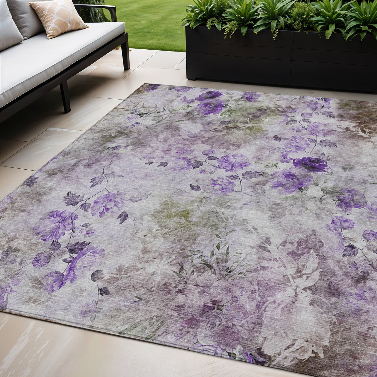 5 X 8 Purple Lavender And Artichoke Green Floral Washable Indoor Outdoor Area Rug