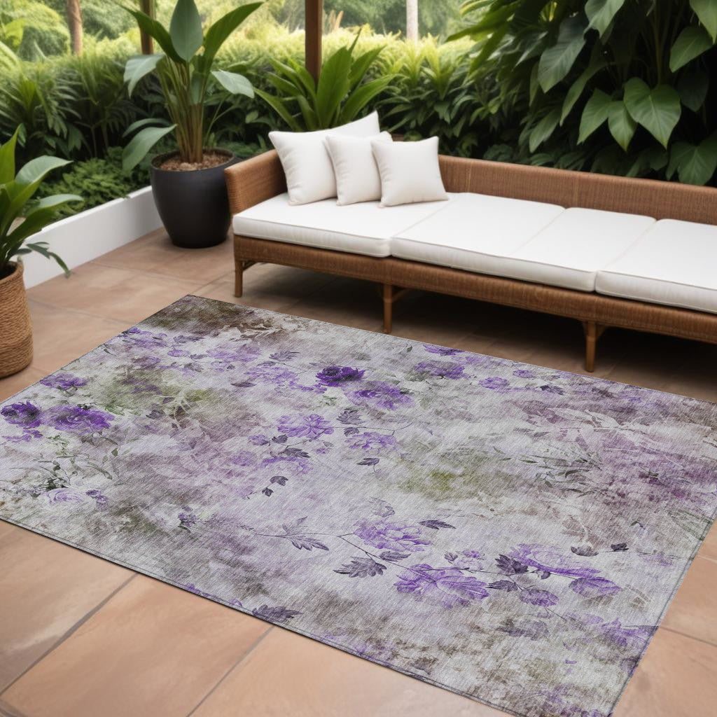 8 X 10 Purple Lavender And Artichoke Green Floral Washable Indoor Outdoor Area Rug