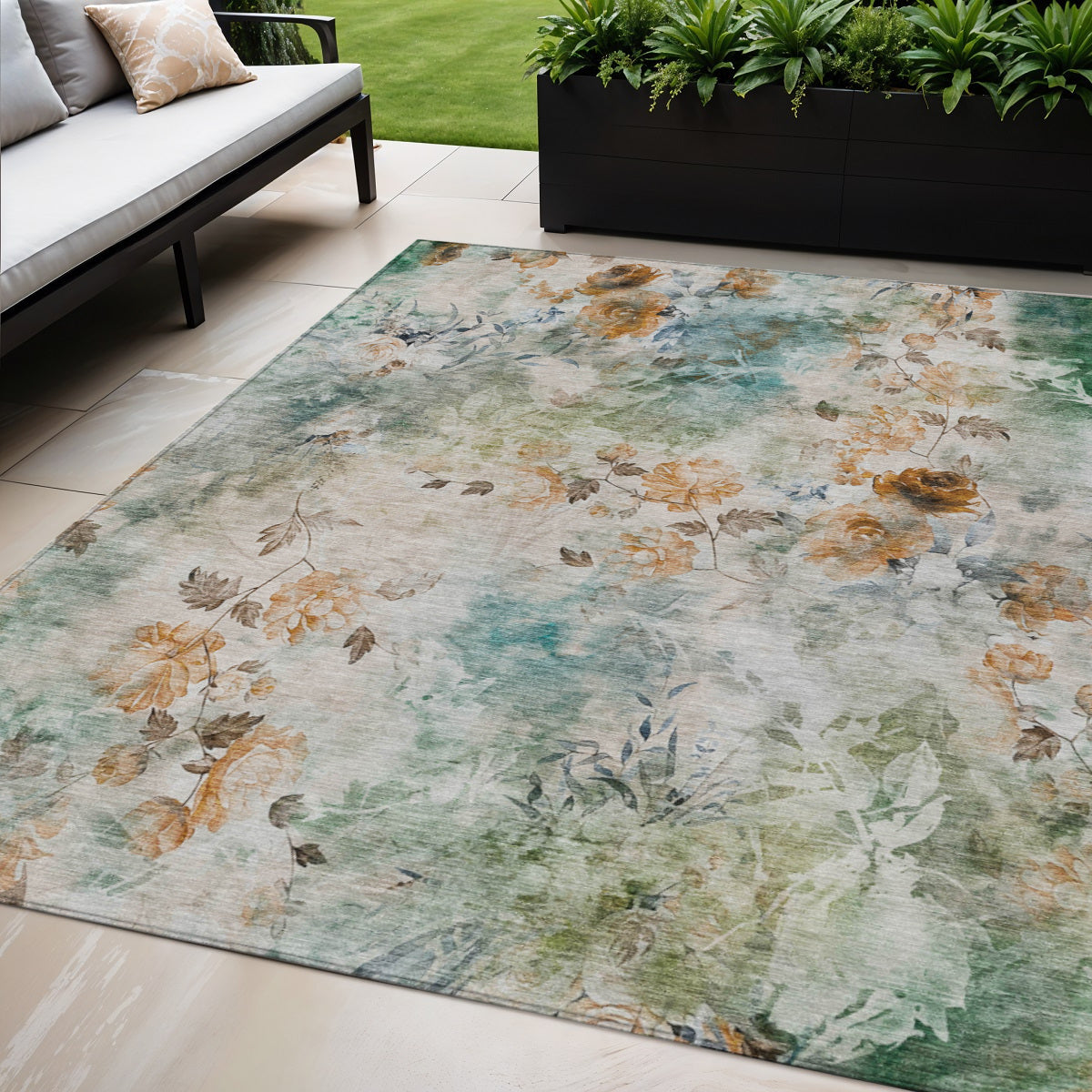 5 X 8 Teal Blue And Green Floral Washable Indoor Outdoor Area Rug