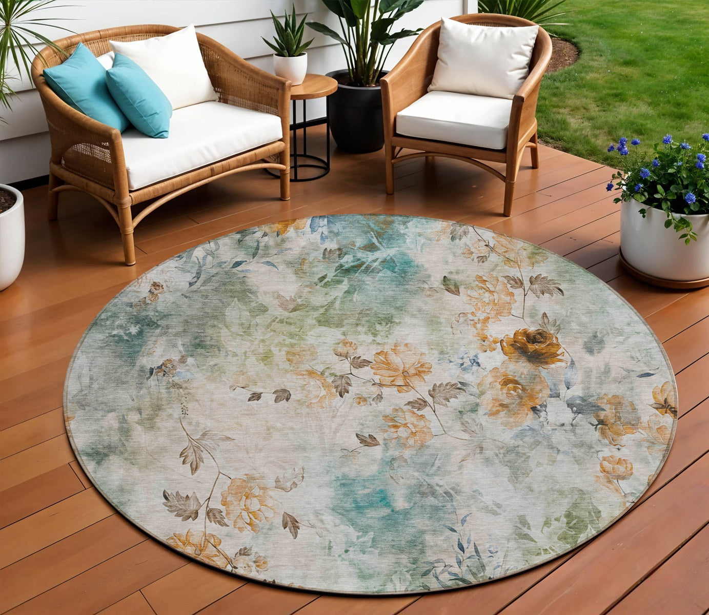 8 Teal Blue And Green Round Floral Washable Indoor Outdoor Area Rug