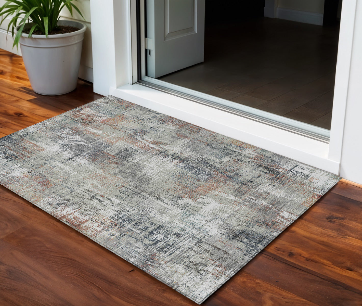 3 X 5 Taupe Gray And Copper Abstract Washable Indoor Outdoor Area Rug