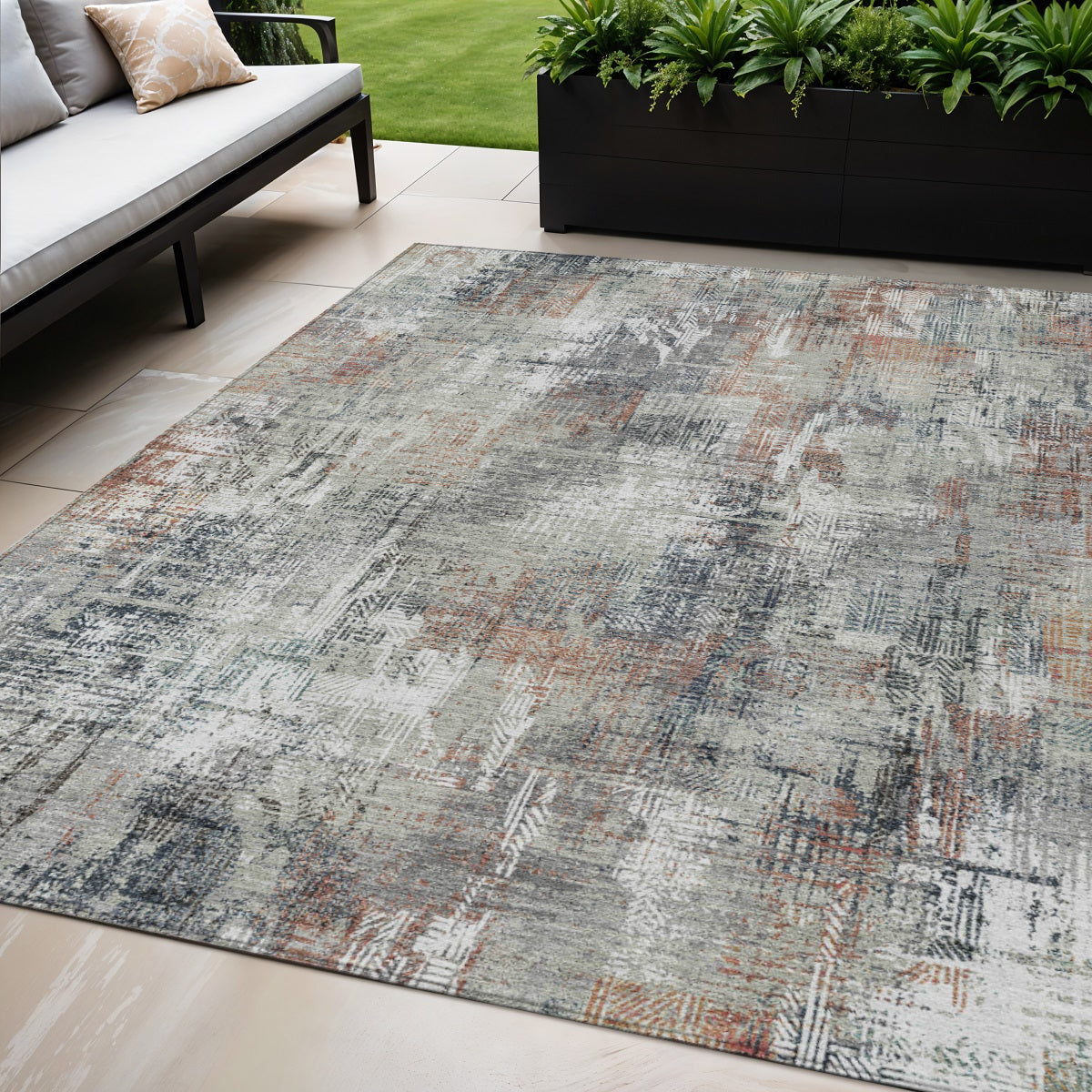 5 X 8 Taupe Gray And Copper Abstract Washable Indoor Outdoor Area Rug