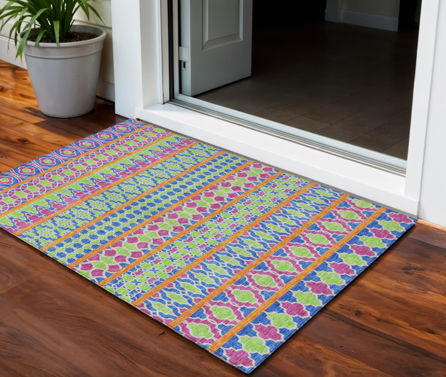 3 X 5 Blush Blue And Lime Green Quatrefoil Washable Indoor Outdoor Area Rug