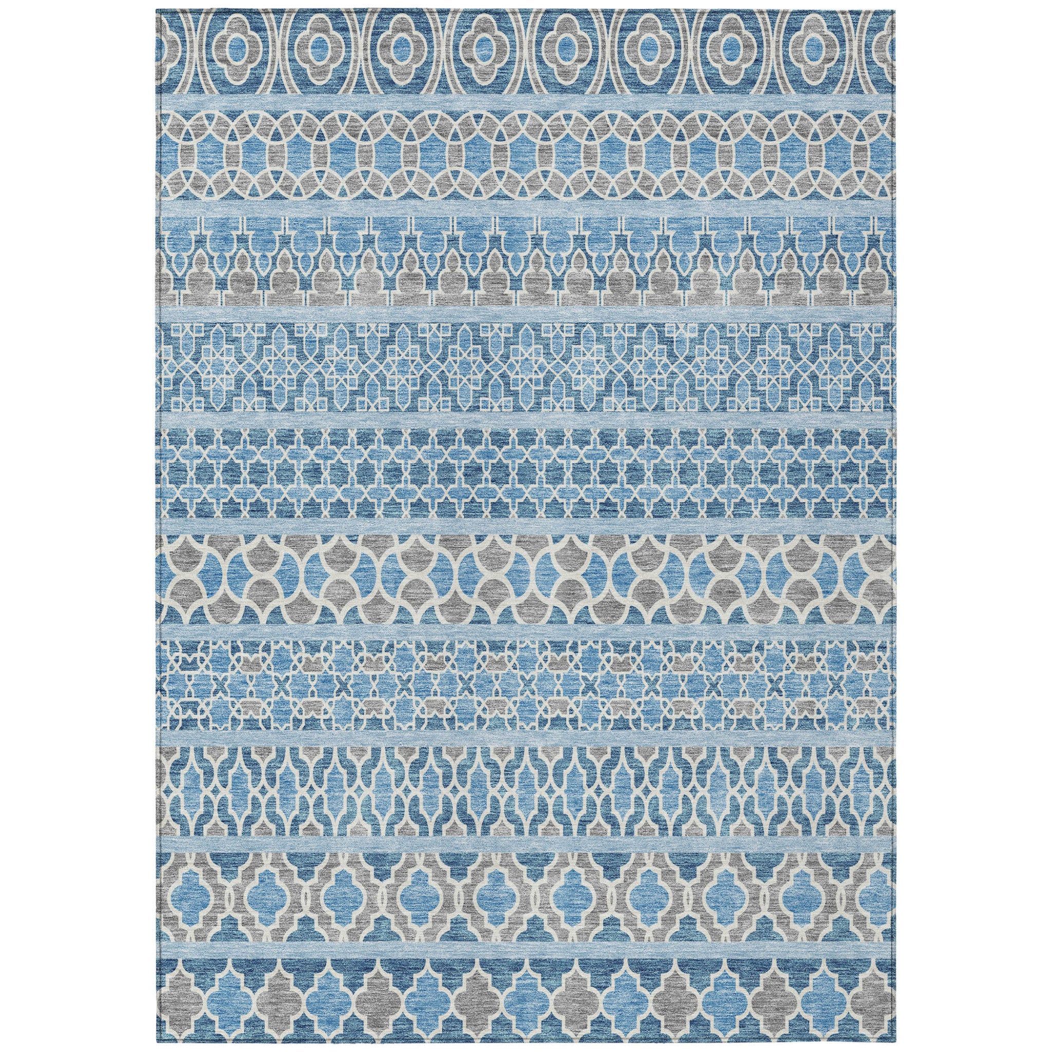 5 X 8 Sky Blue And Denim Blue Quatrefoil Washable Indoor Outdoor Area Rug