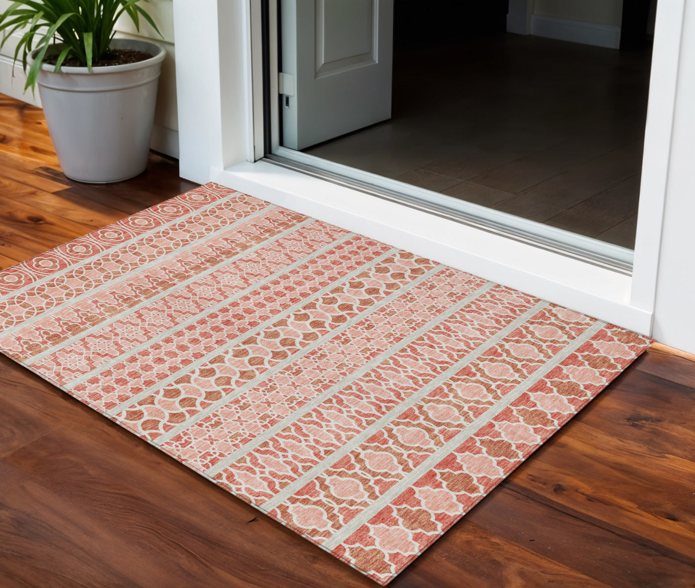 3 X 5 Salmon Beige And Copper Quatrefoil Washable Indoor Outdoor Area Rug