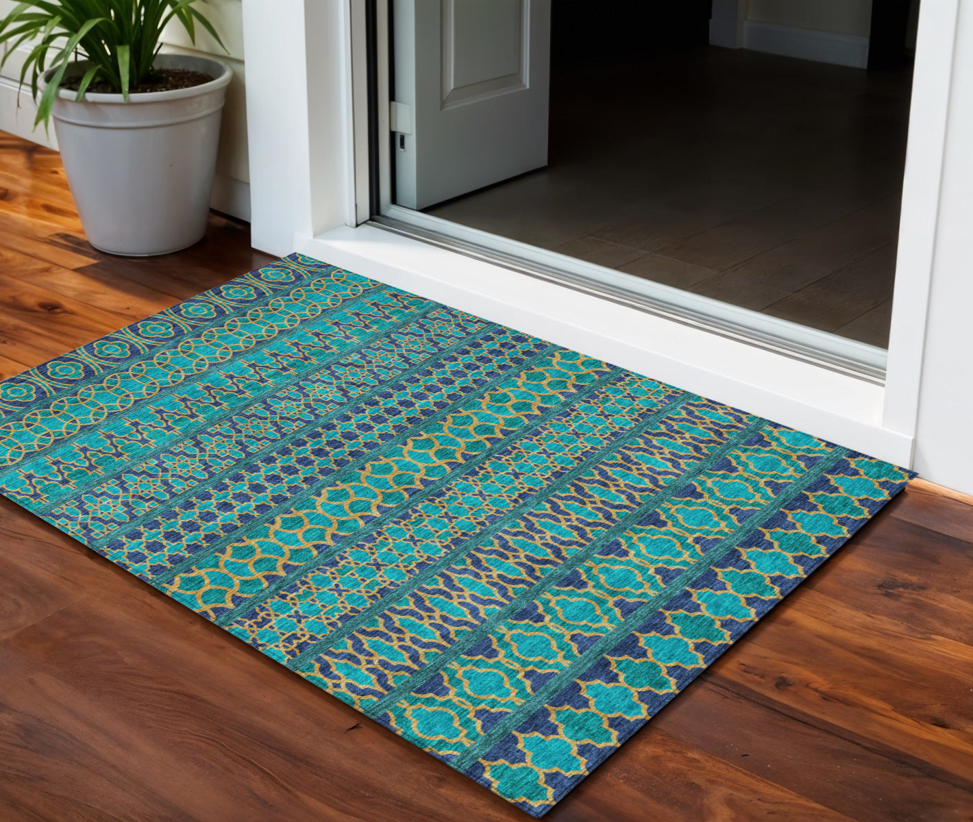 3 X 5 Teal Blue And Navy Blue Quatrefoil Washable Indoor Outdoor Area Rug
