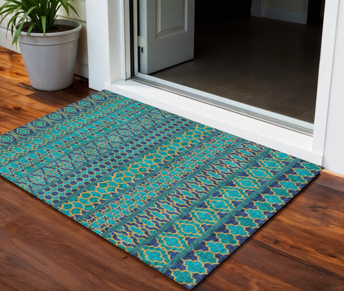 3 X 5 Teal Blue And Navy Blue Quatrefoil Washable Indoor Outdoor Area Rug