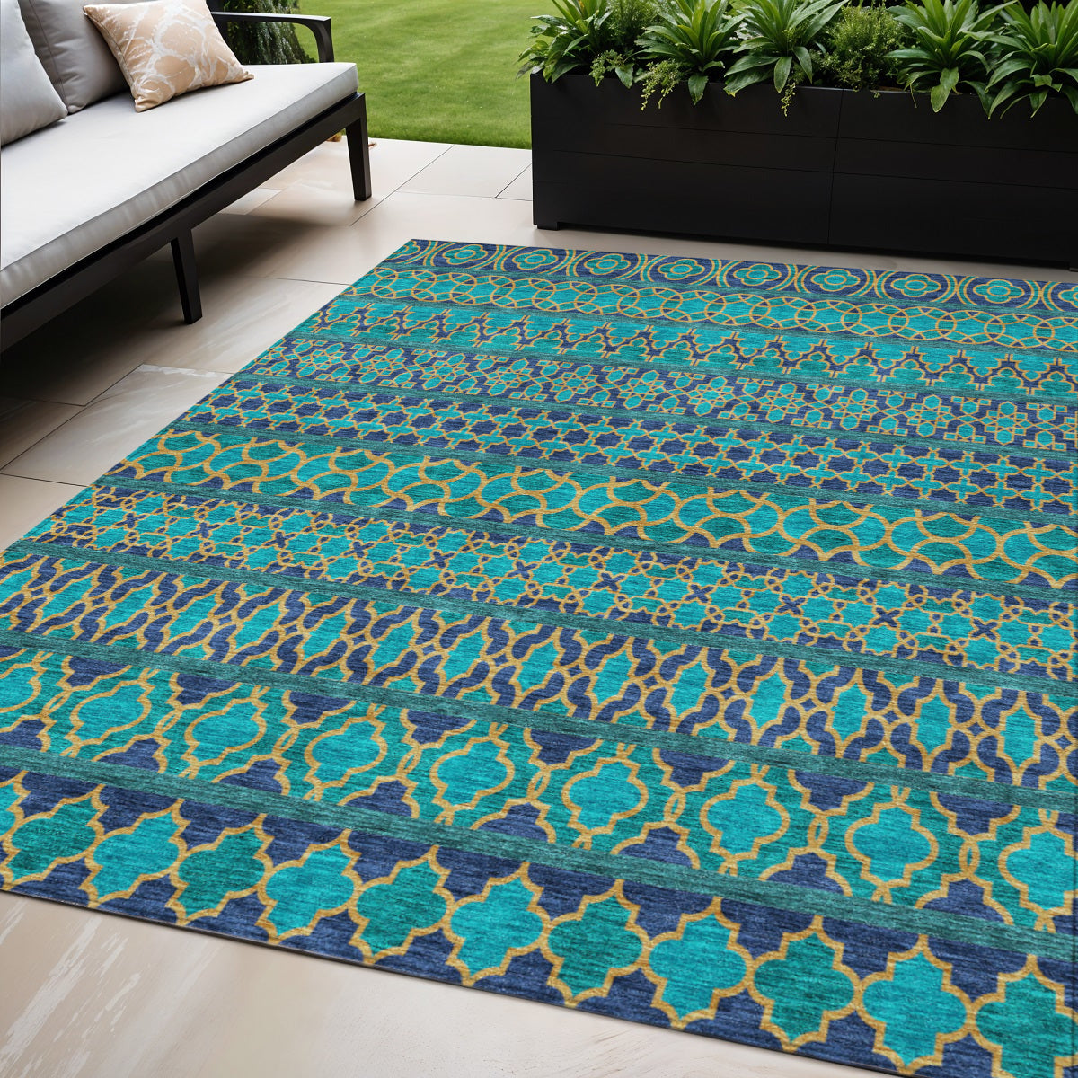 5 X 8 Teal Blue And Navy Blue Quatrefoil Washable Indoor Outdoor Area Rug