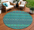 8 Teal Blue And Navy Blue Round Quatrefoil Washable Indoor Outdoor Area Rug