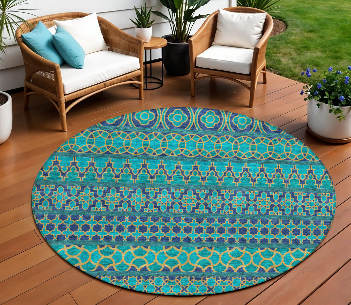 8 Teal Blue And Navy Blue Round Quatrefoil Washable Indoor Outdoor Area Rug