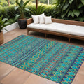 9 X 12 Teal Blue And Navy Blue Quatrefoil Washable Indoor Outdoor Area Rug