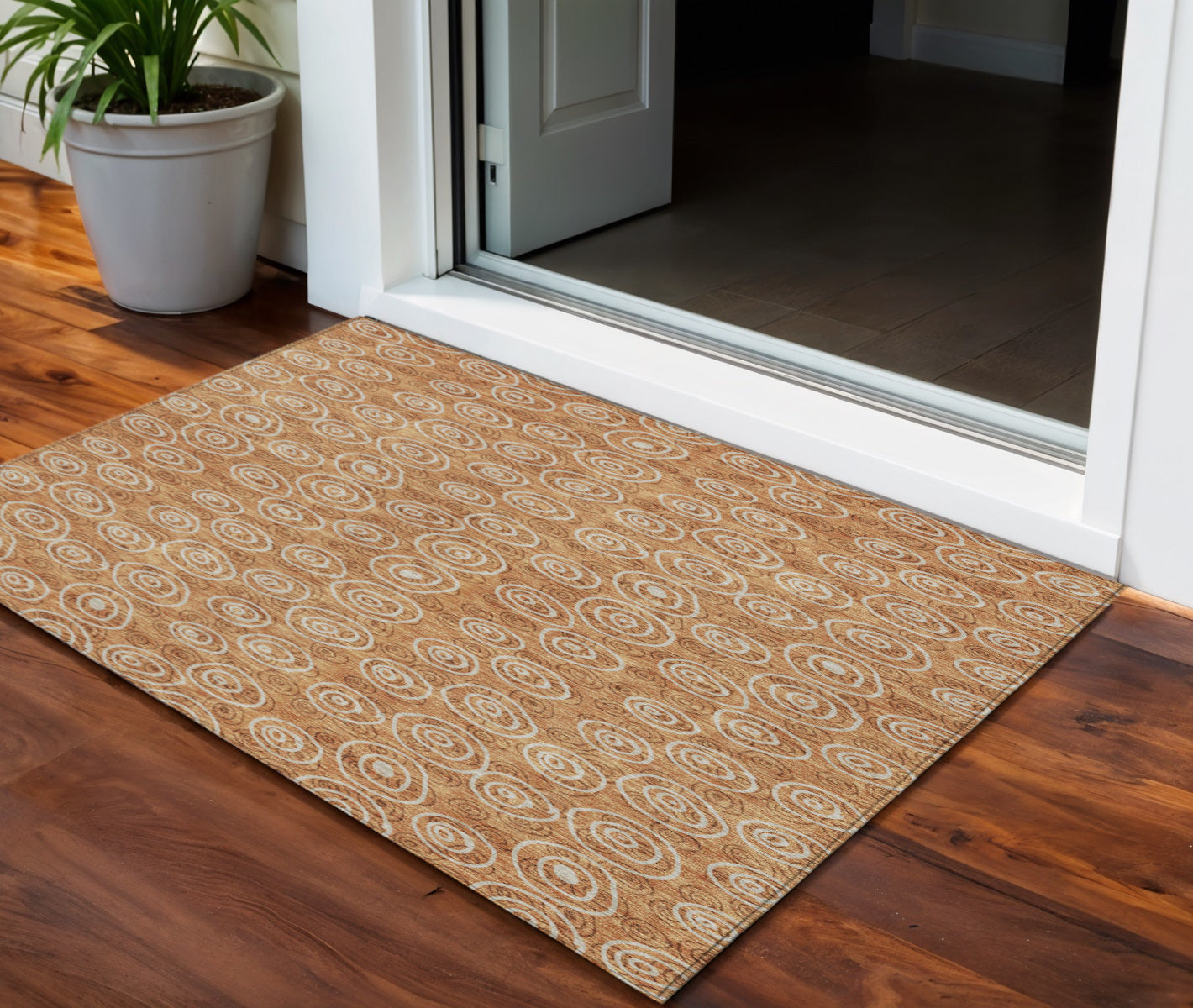 3 X 5 Terra Cotta Copper And Beige Geometric Washable Indoor Outdoor Area Rug