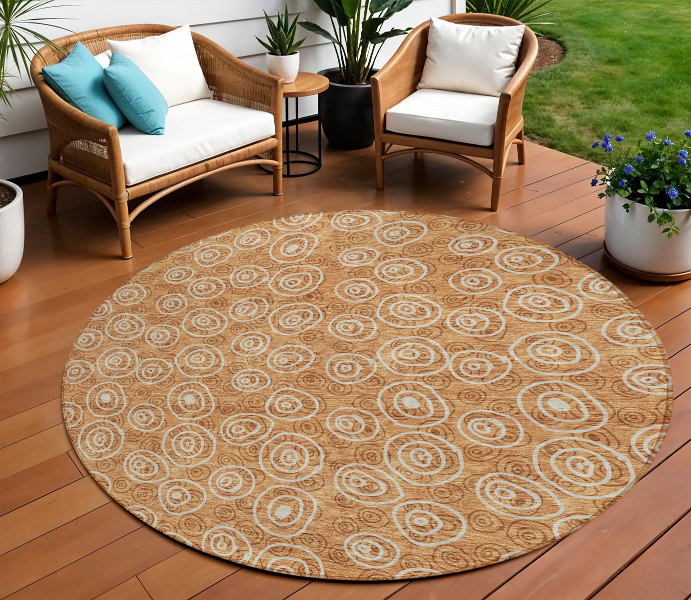 8 Terra Cotta Copper And Beige Round Geometric Washable Indoor Outdoor Area Rug