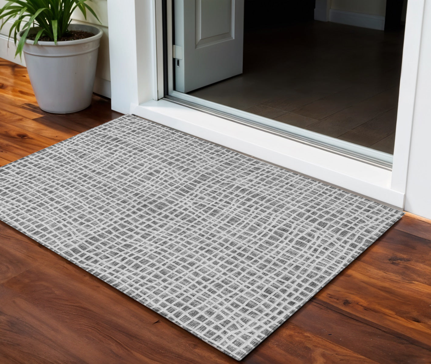3 X 5 Gray Charcoal And Silver Striped Washable Indoor Outdoor Area Rug