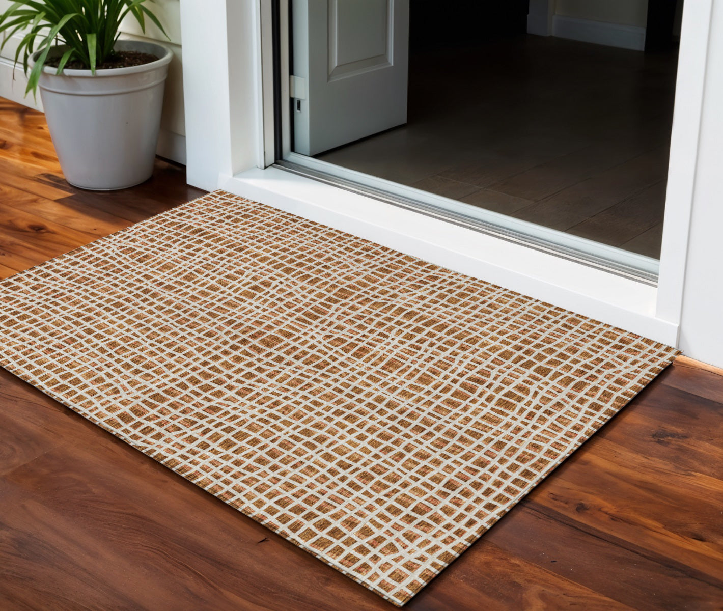 3 X 5 Orange Beige And Copper Striped Washable Indoor Outdoor Area Rug