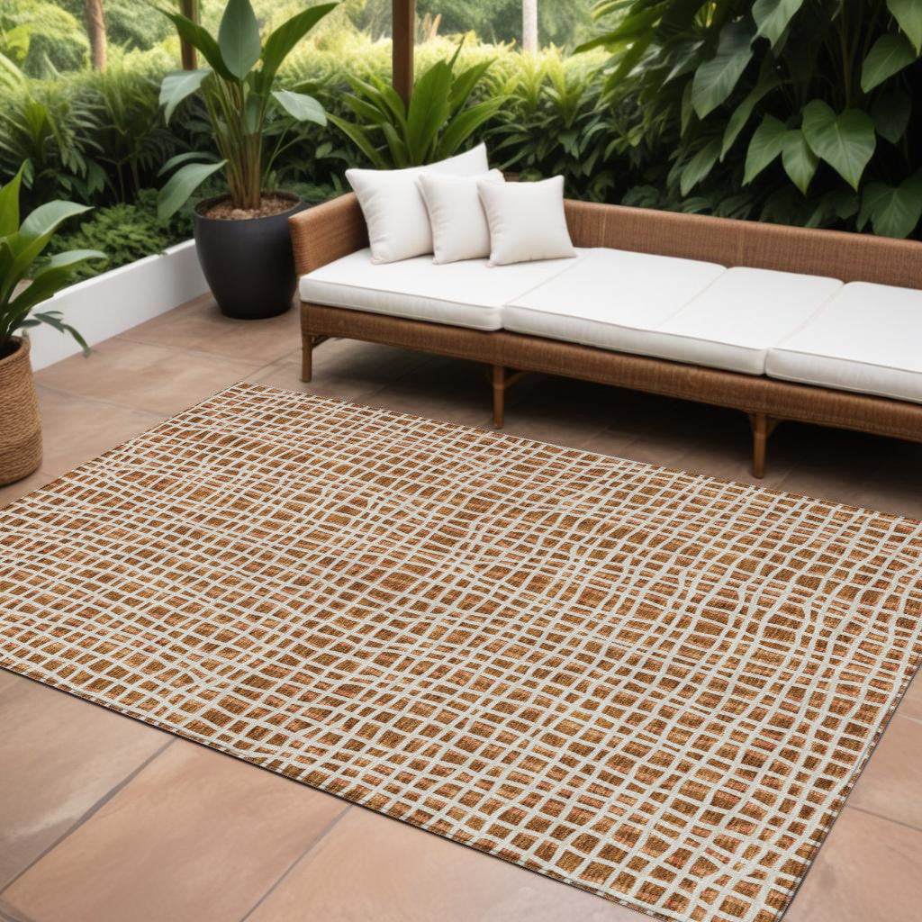8 X 10 Orange Beige And Copper Striped Washable Indoor Outdoor Area Rug