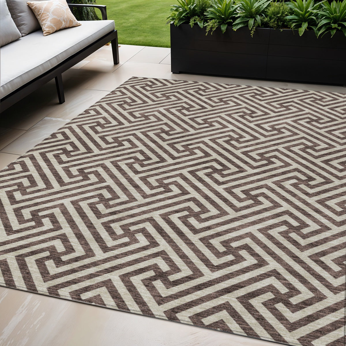 5 X 8 Brown And Beige Geometric Washable Indoor Outdoor Area Rug