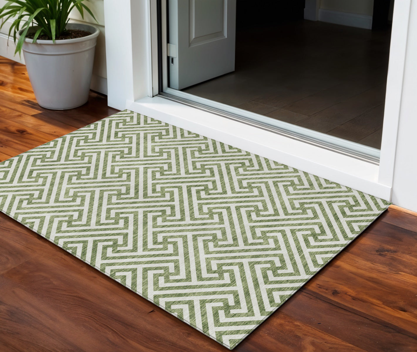 3 X 5 Green And Beige Geometric Washable Indoor Outdoor Area Rug