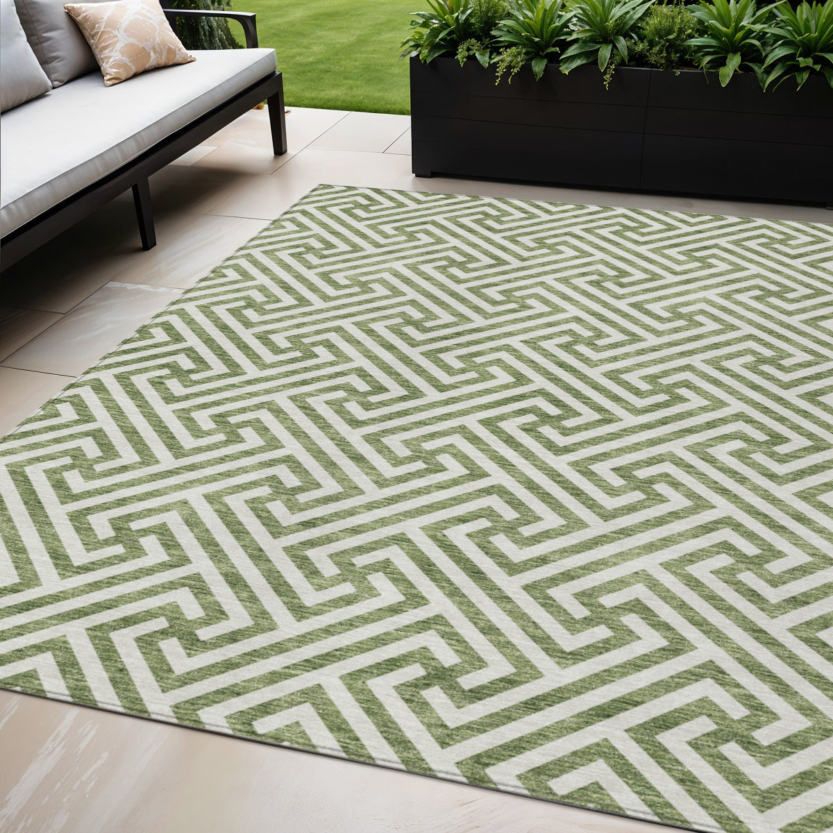 5 X 8 Green And Beige Geometric Washable Indoor Outdoor Area Rug