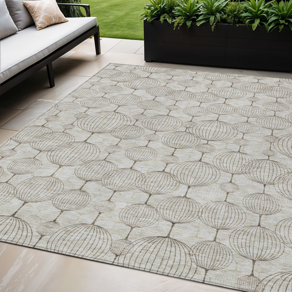 5 X 8 Beige And Brown Geometric Washable Indoor Outdoor Area Rug
