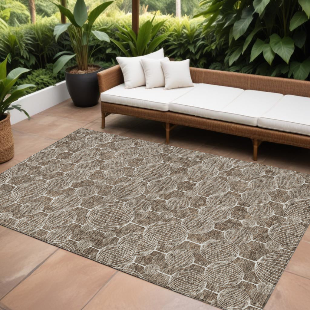 8 X 10 Chocolate And Beige Geometric Washable Indoor Outdoor Area Rug