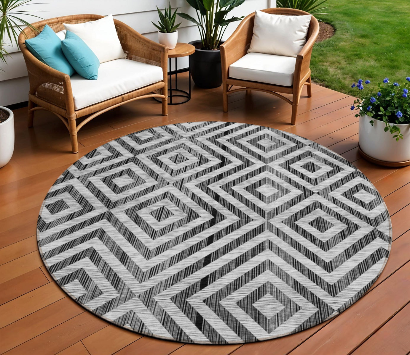 8 Black Gray And Silver Round Geometric Washable Indoor Outdoor Area Rug