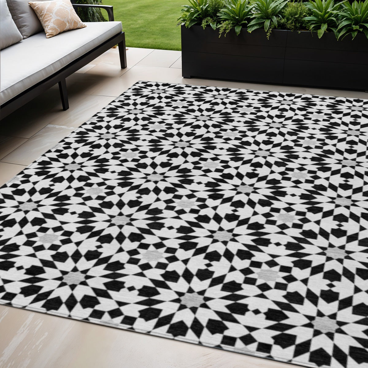 5 X 8 Black Gray And Silver Floral Medallion Washable Indoor Outdoor Area Rug