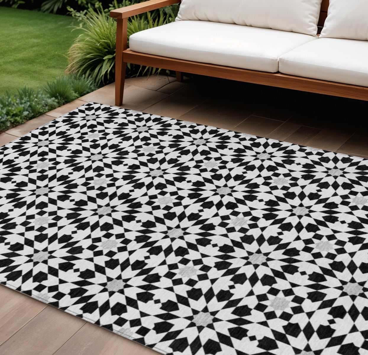 8 X 10 Black Gray And Silver Floral Medallion Washable Indoor Outdoor Area Rug