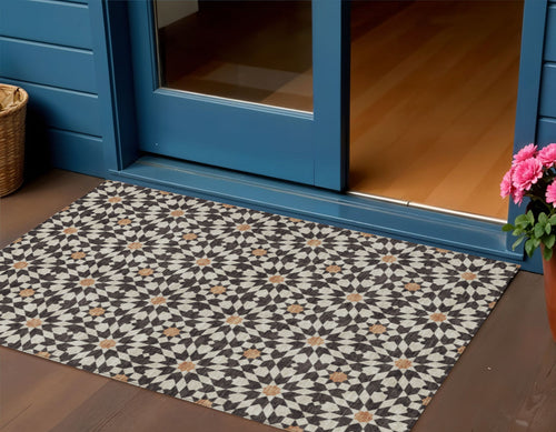 3 X 5 Charcoal Silver And Copper Floral Medallion Washable Indoor Outdoor Area Rug