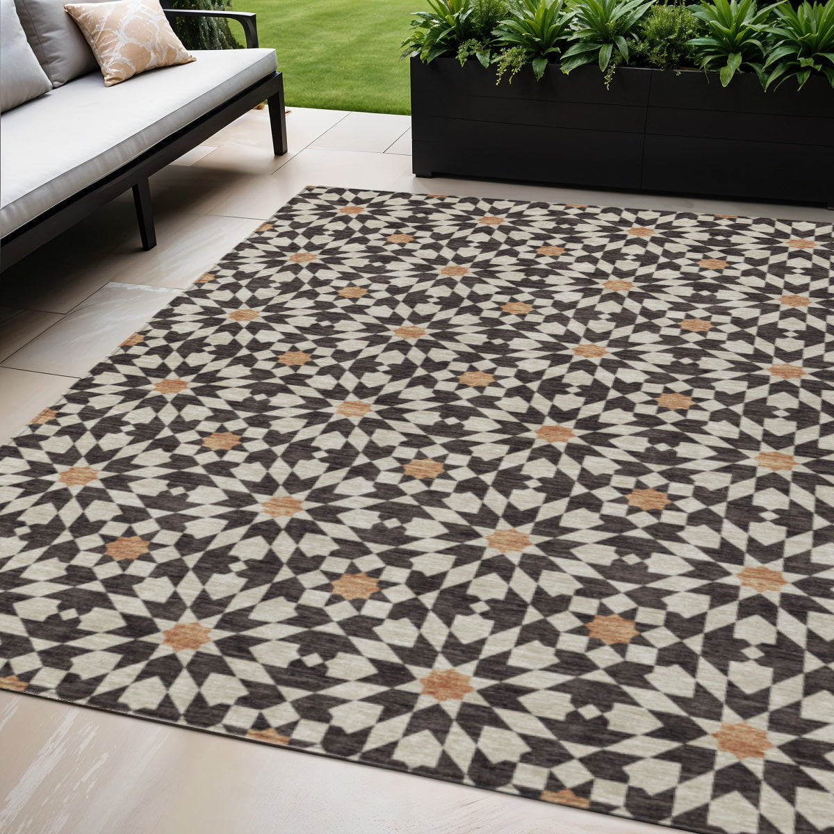 5 X 8 Charcoal Silver And Copper Floral Medallion Washable Indoor Outdoor Area Rug