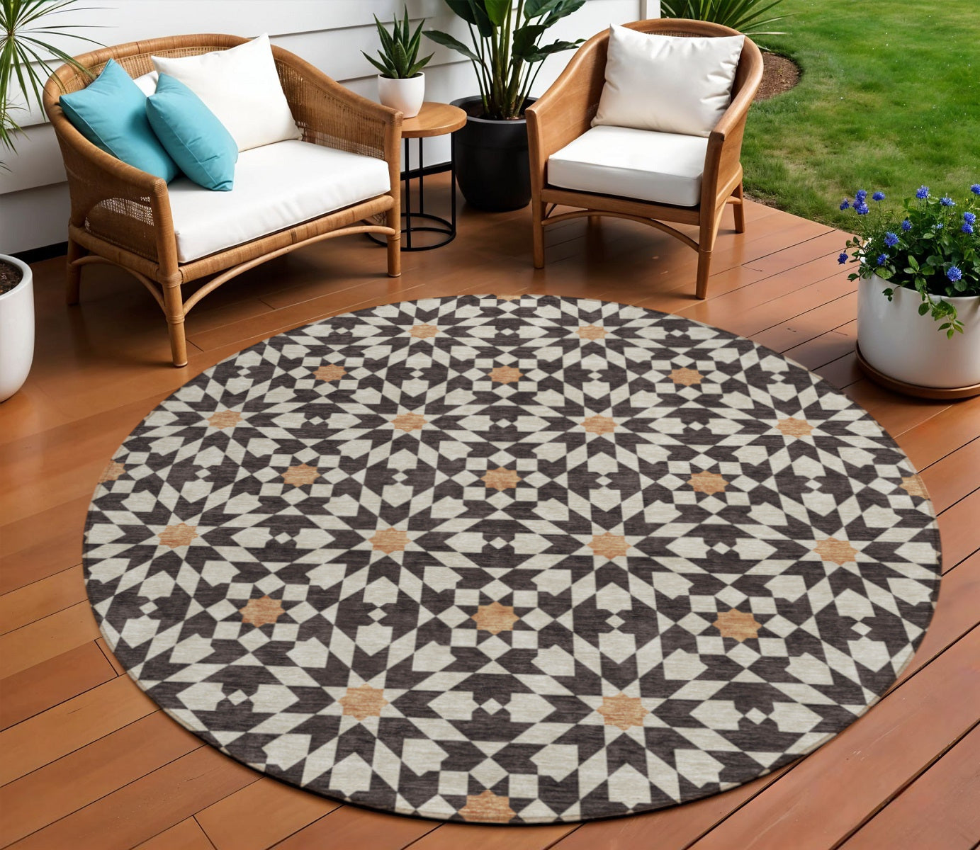 8 Charcoal Silver And Copper Round Floral Medallion Washable Indoor Outdoor Area Rug
