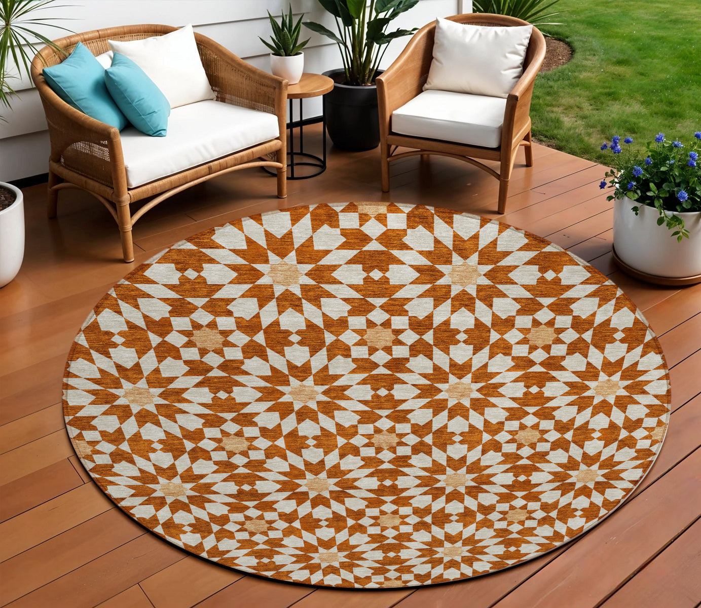 8 Orange Beige And Copper Round Floral Medallion Washable Indoor Outdoor Area Rug