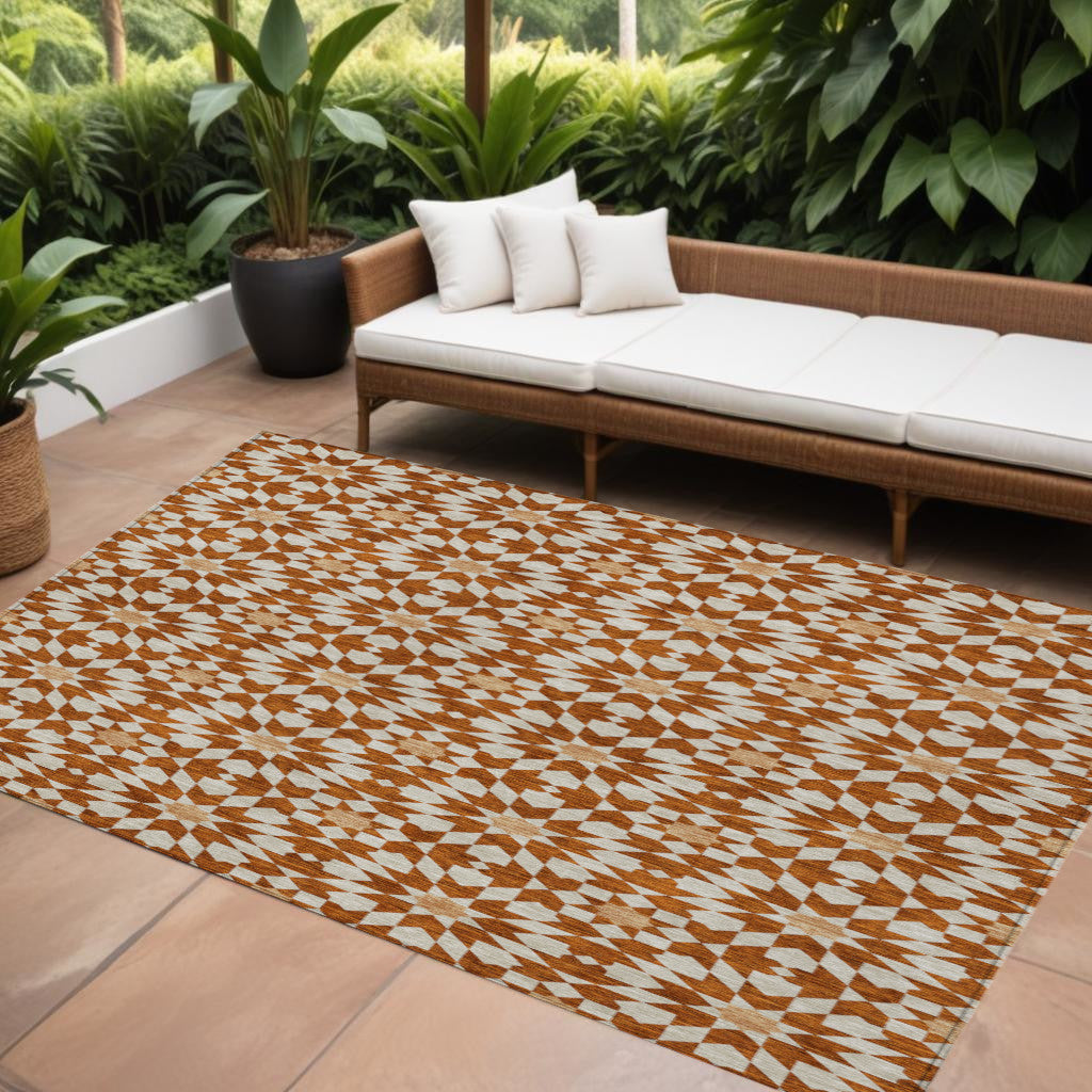 8 X 10 Orange Beige And Copper Floral Medallion Washable Indoor Outdoor Area Rug