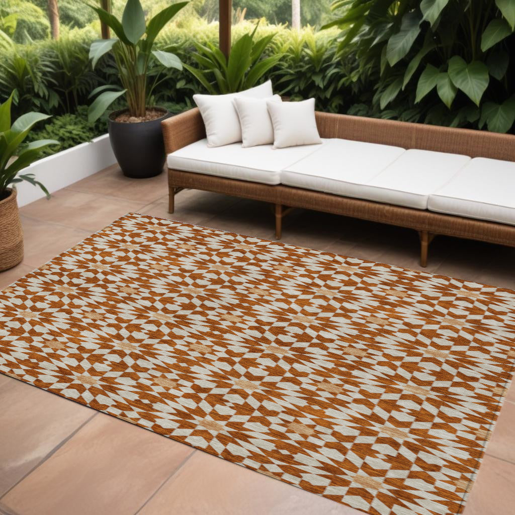 9 X 12 Orange Beige And Copper Floral Medallion Washable Indoor Outdoor Area Rug