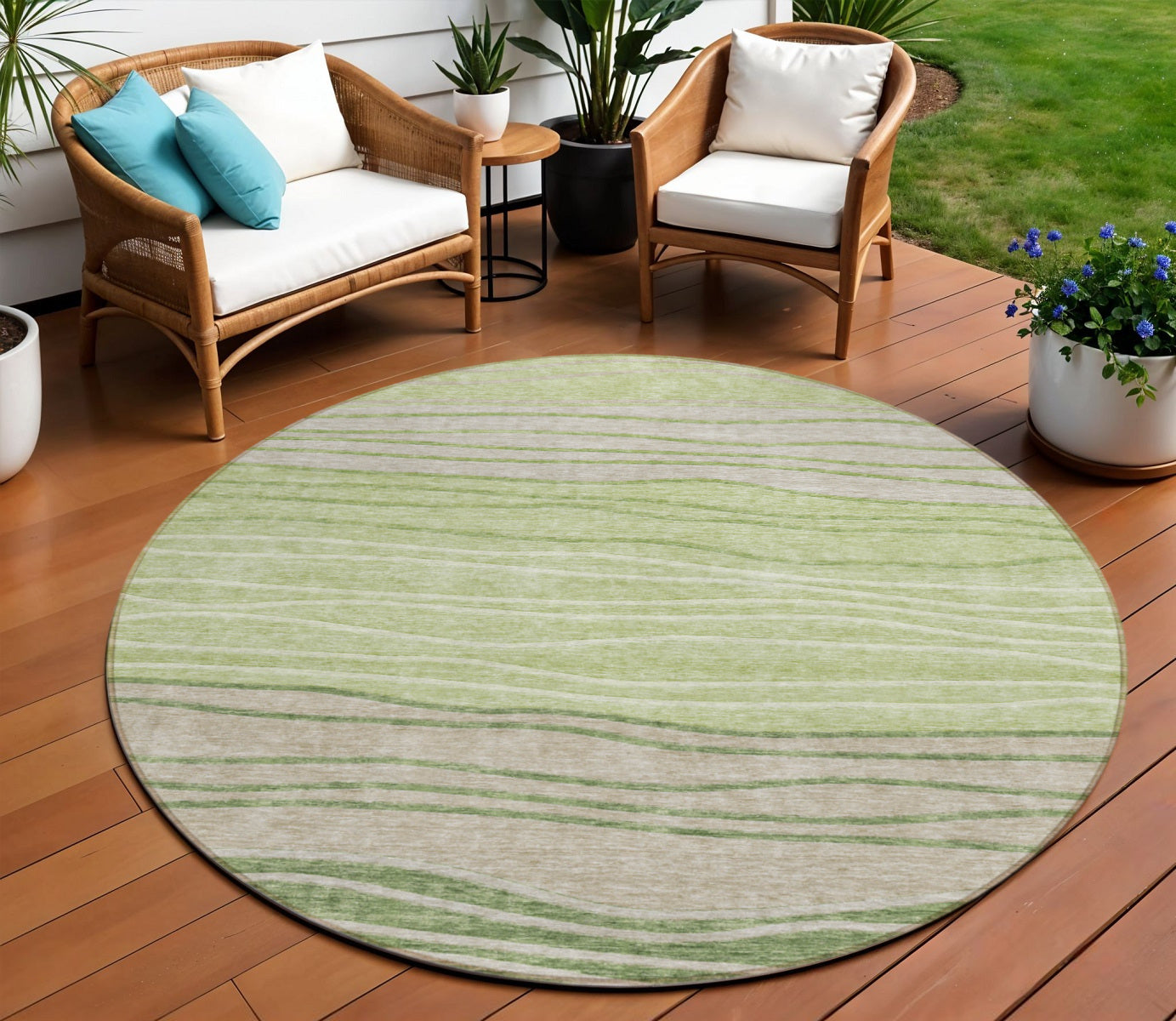 8 Artichoke Green And Taupe Round Striped Washable Indoor Outdoor Area Rug