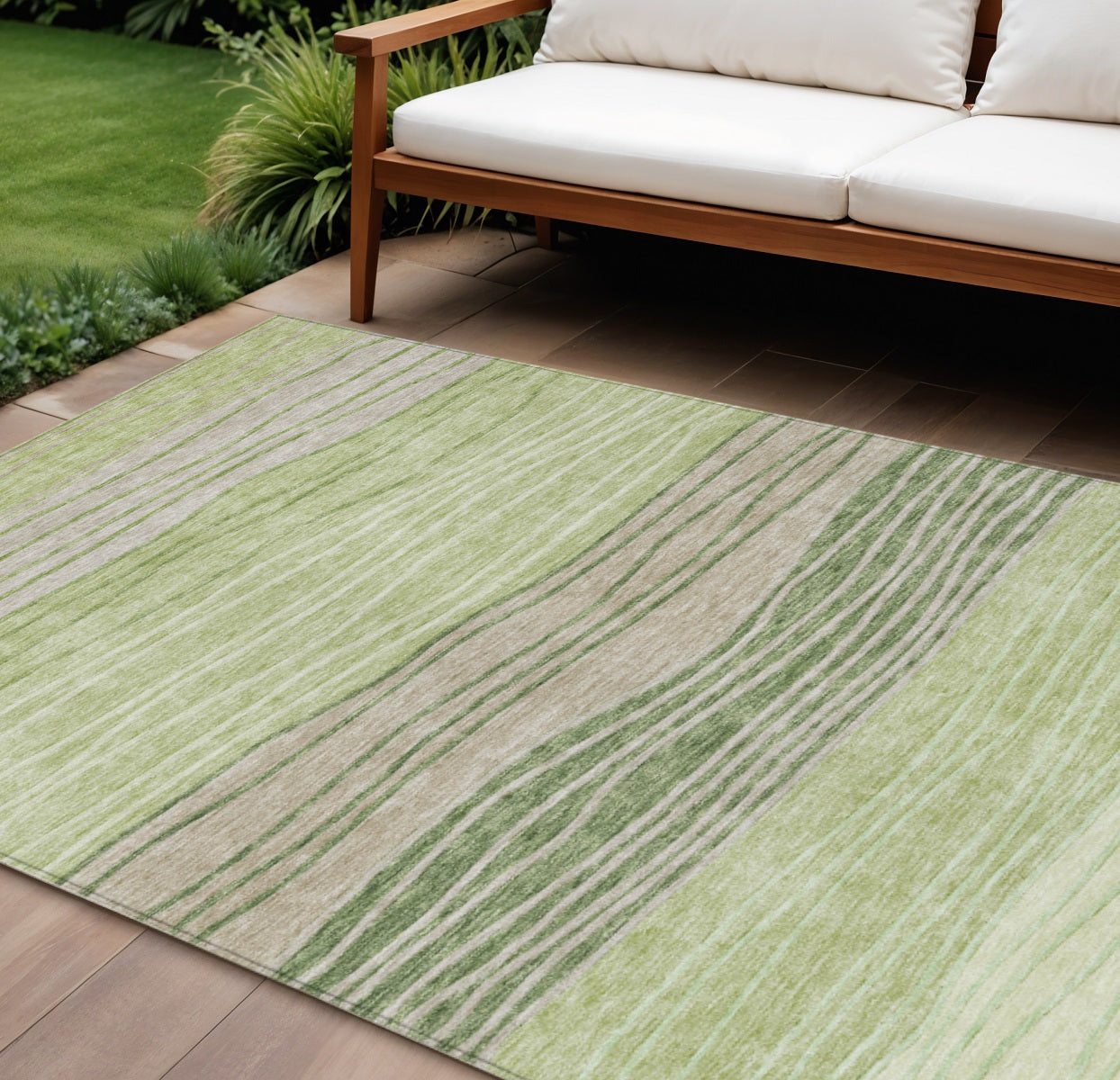 10 X 14 Artichoke Green And Taupe Striped Washable Indoor Outdoor Area Rug