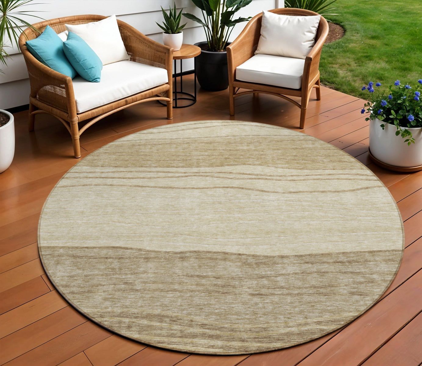 8 Beige Brown And Taupe Round Striped Washable Indoor Outdoor Area Rug