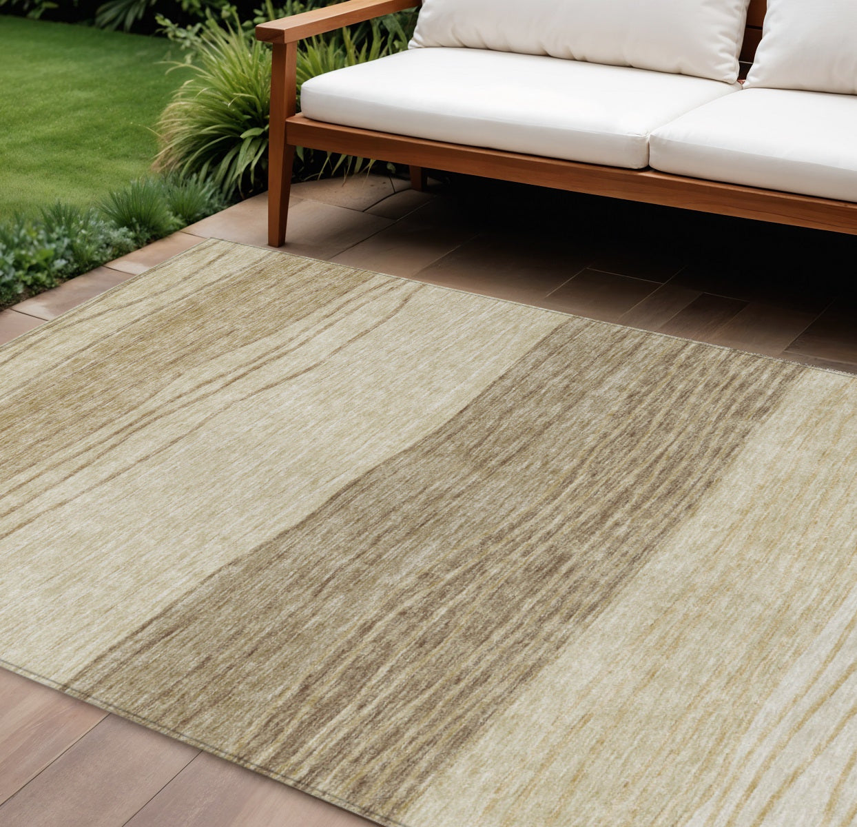 8 X 10 Beige Brown And Taupe Striped Washable Indoor Outdoor Area Rug