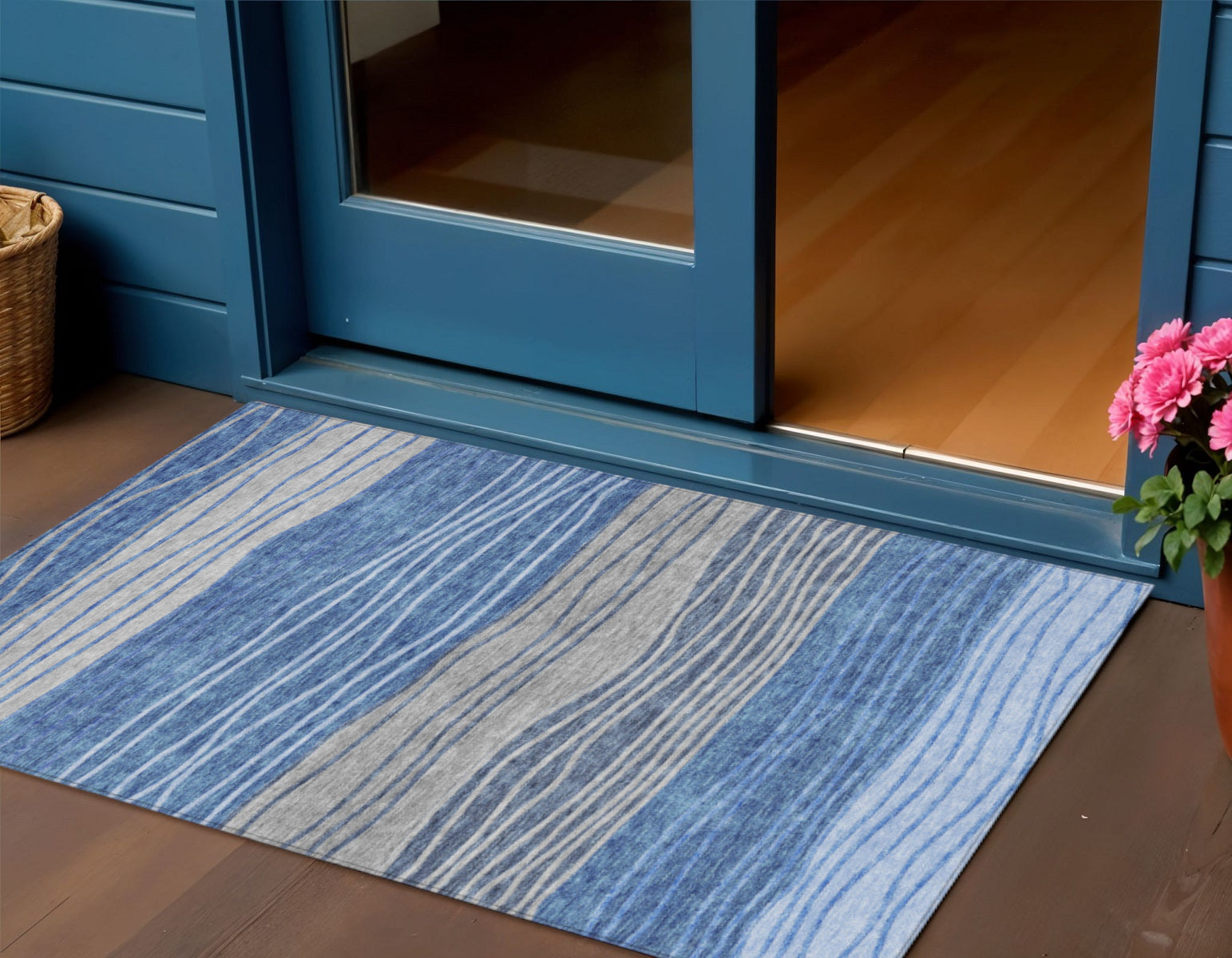 3 X 5 Navy Blue And Gray Striped Washable Indoor Outdoor Area Rug