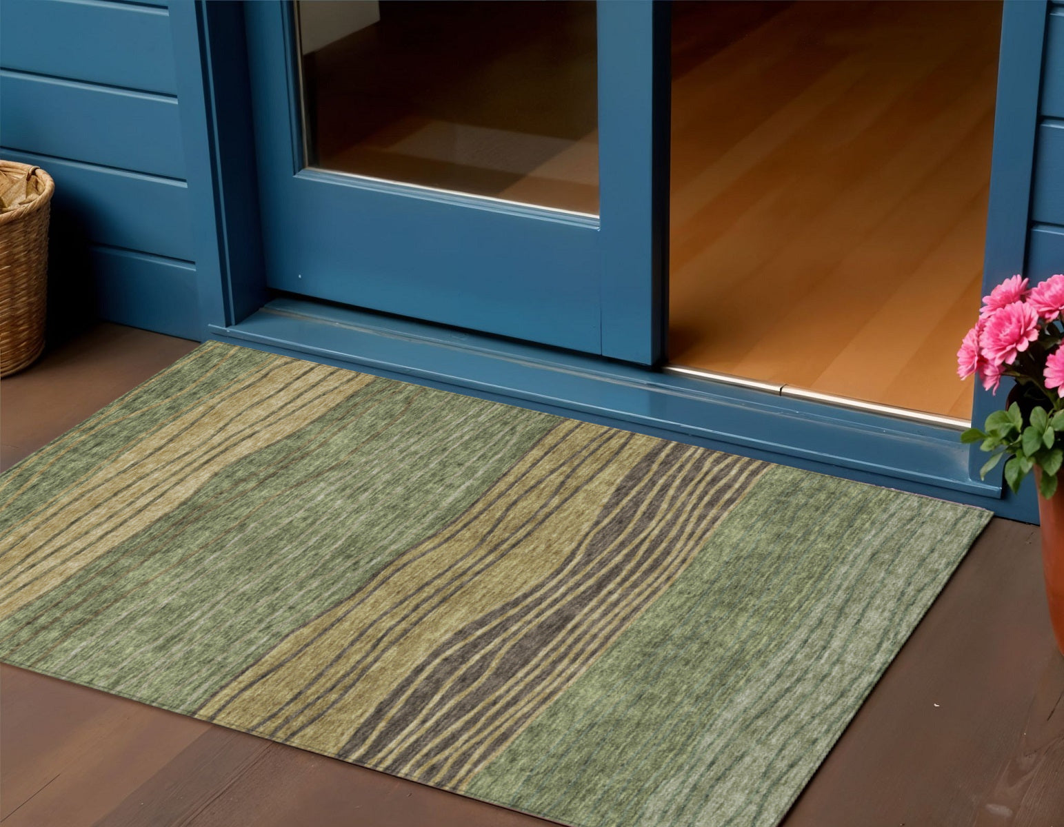 3 X 5 Olive Green And Chocolate Striped Washable Indoor Outdoor Area Rug